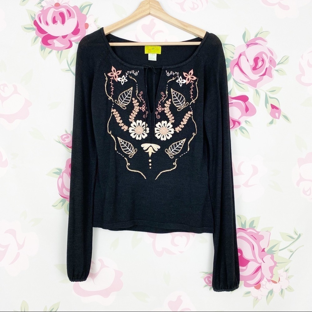 Anthropologie Ago e Filo Black Floral Embroidered Knit Silk Blouse S
